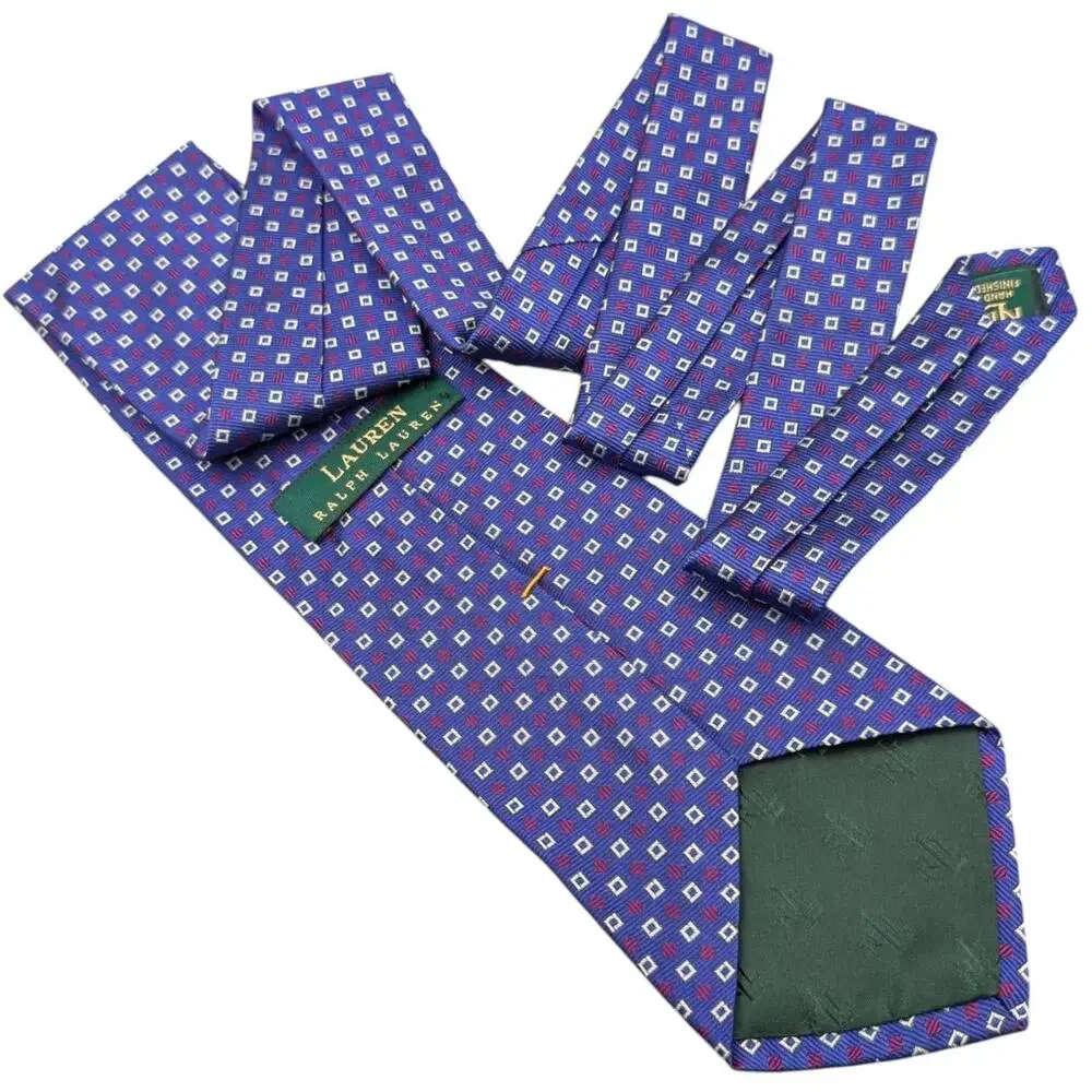 Lauren Ralph Lauren Silk Tie Neat Jacquard‎ Squares Blue Red White USA 55
